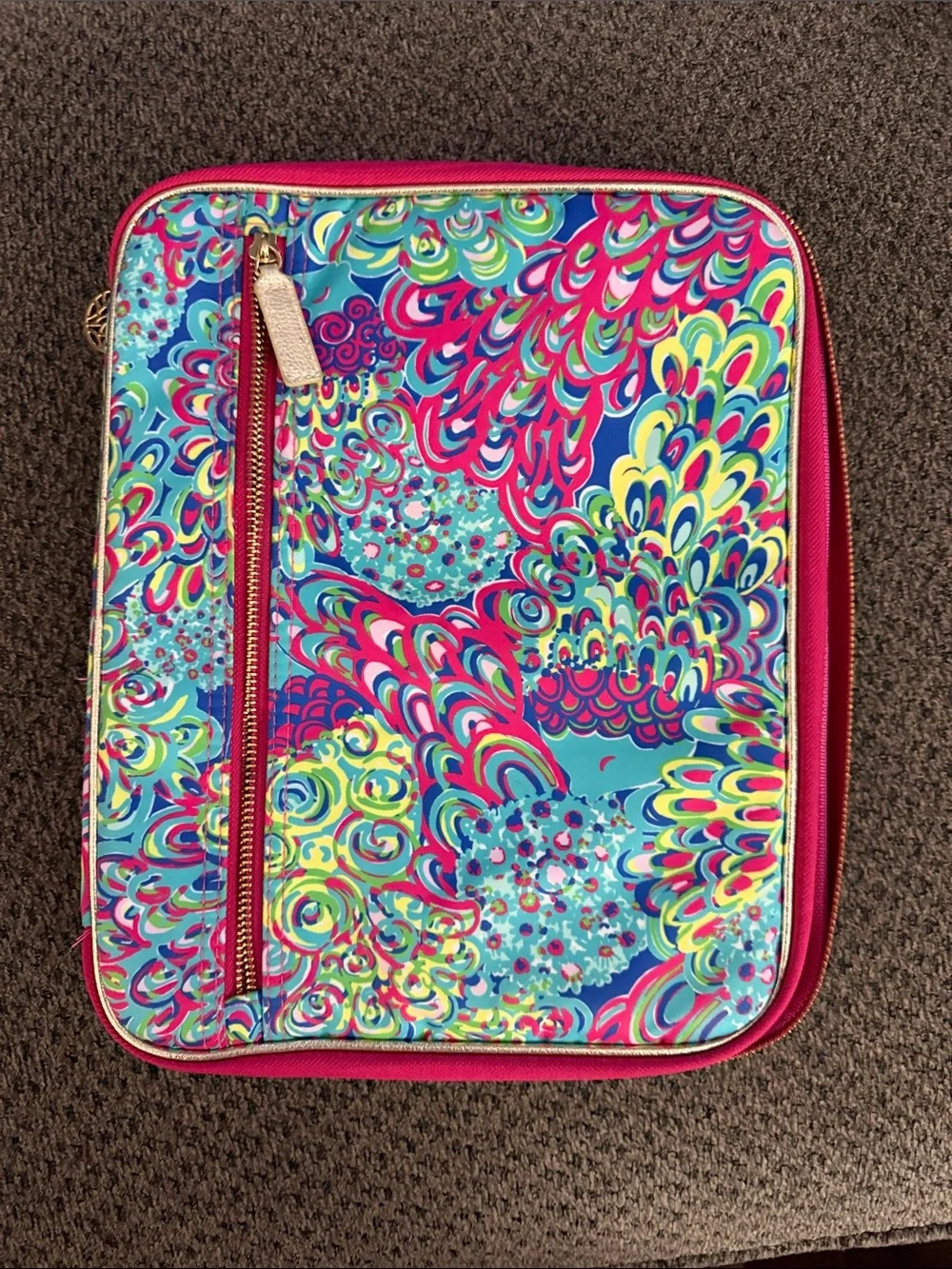Lilly Pulitzer Turquoise, Pink & Lime Printed zip Tablet case with Gold Logo